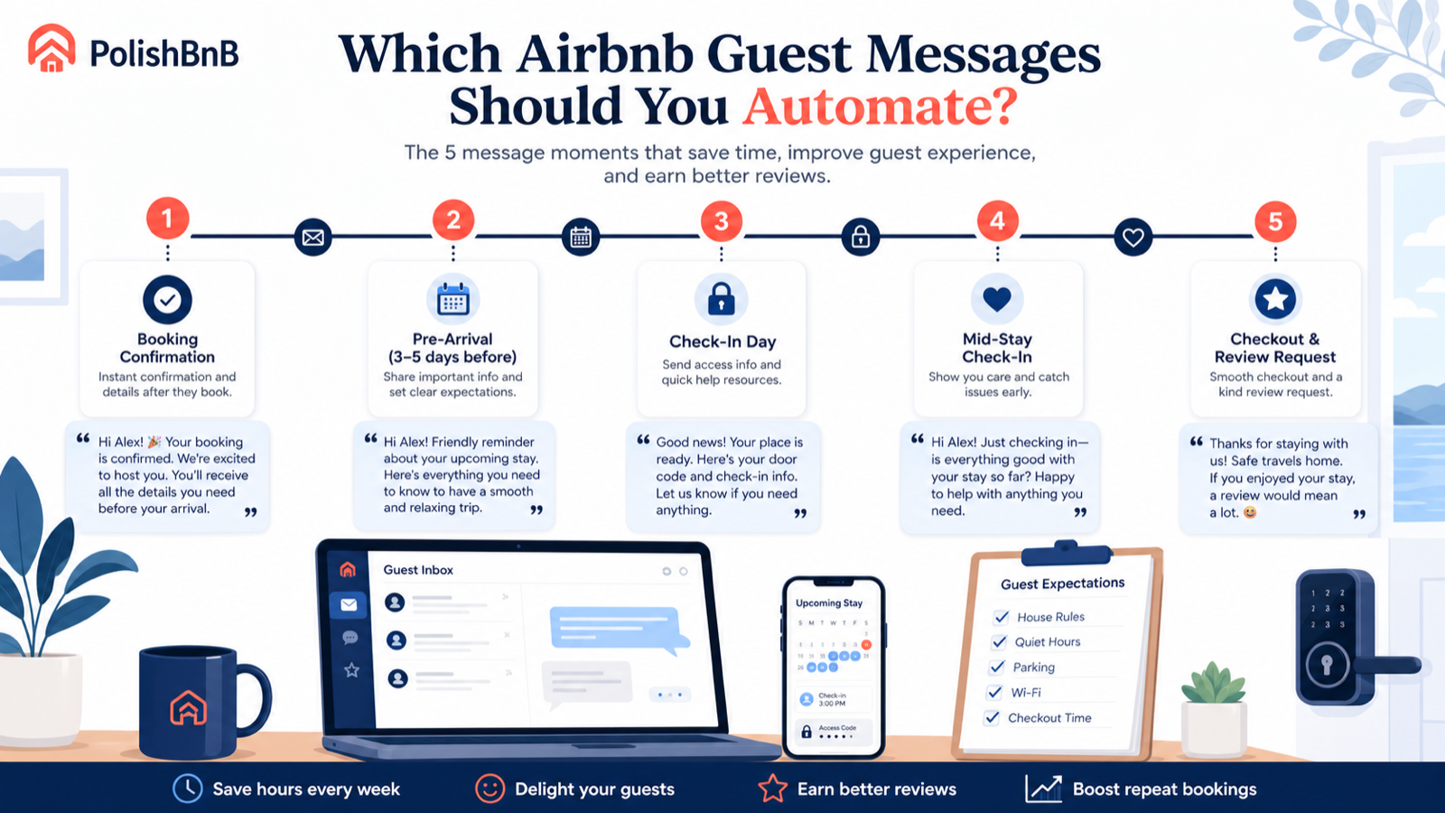 Airbnb guest message automation timeline showing booking confirmation, pre-arrival, check-in, mid-stay, and checkout messages