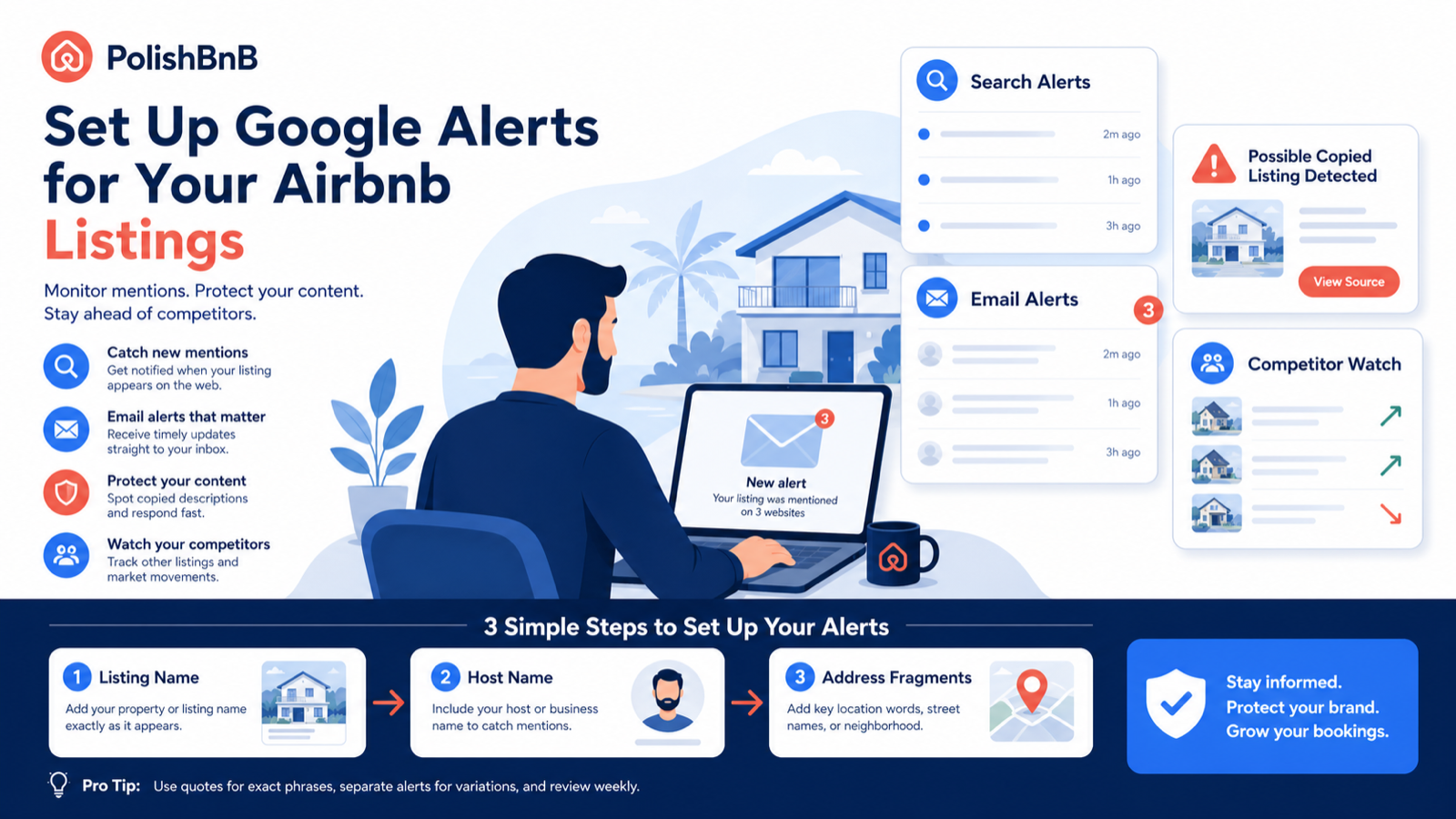 Google Alerts setup for Airbnb hosts monitoring listing mentions, copied content, and competitor pages
